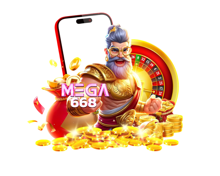 ภาพโปรโมท MGเว็บ668 มีตัวละครเทพเจ้าถือสมาร์ตโฟนรายล้อมรอบด้วยเกียรติกองใหญ่พระราชวังราชินีแห่งกราฟิก...